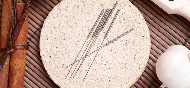 acupuncture needles lay on stone plate near herbs